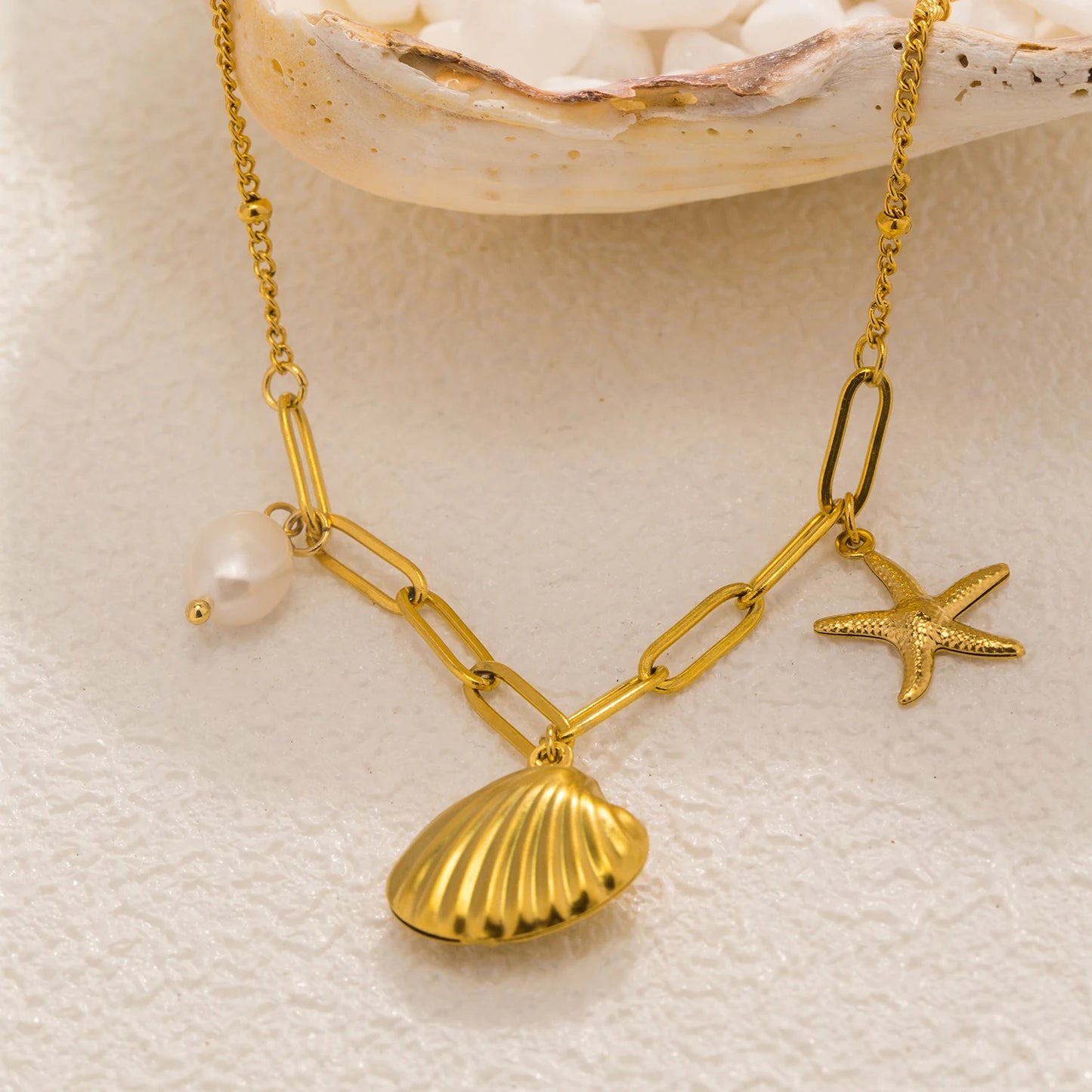 Set Collana e Bracciale Stella Marina con Perle e Conchiglia – Gioielli Estivi Waterproof