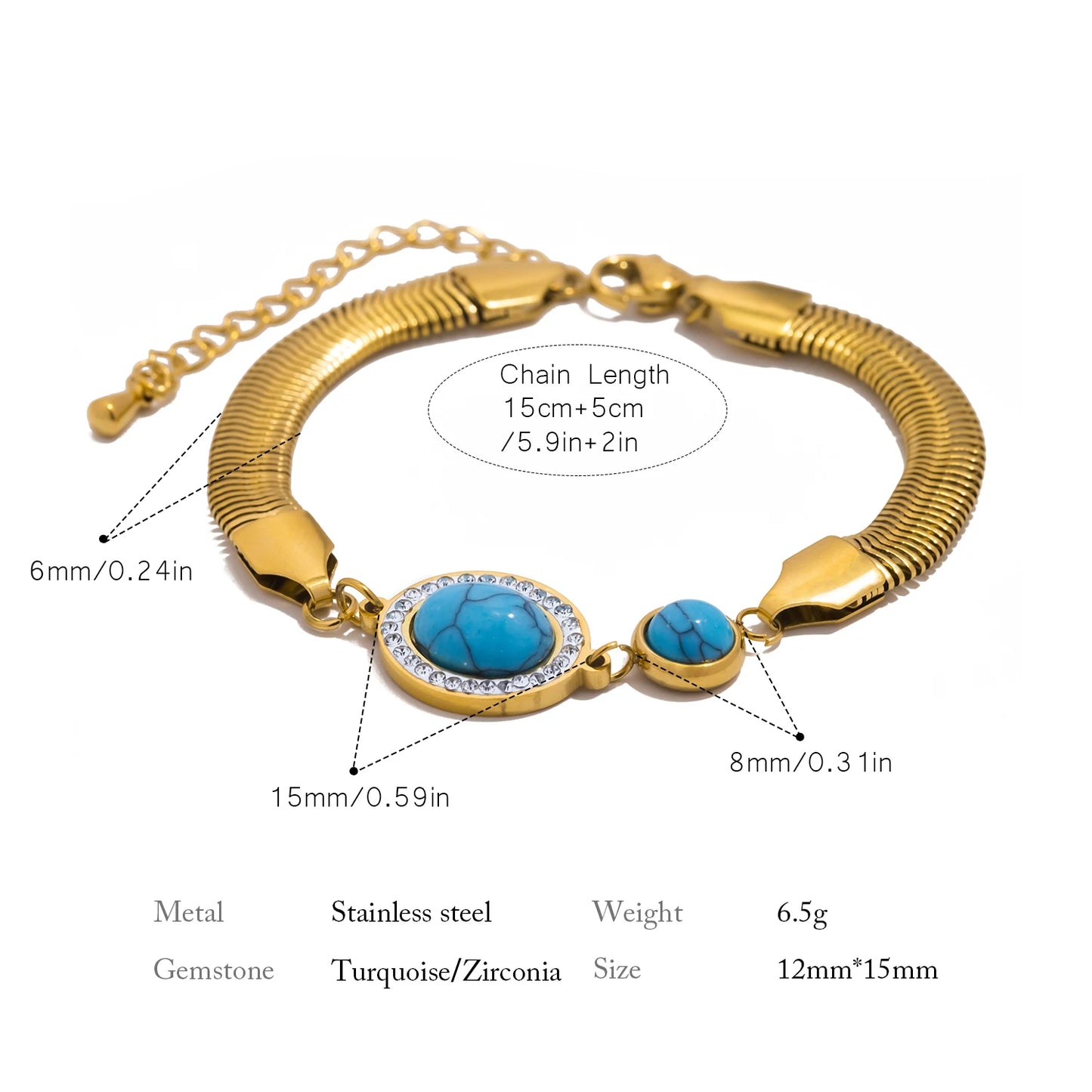 Bracciale Rigido con Zirconi Turchesi – Acciaio Inossidabile con Catena a Serpente Larga,