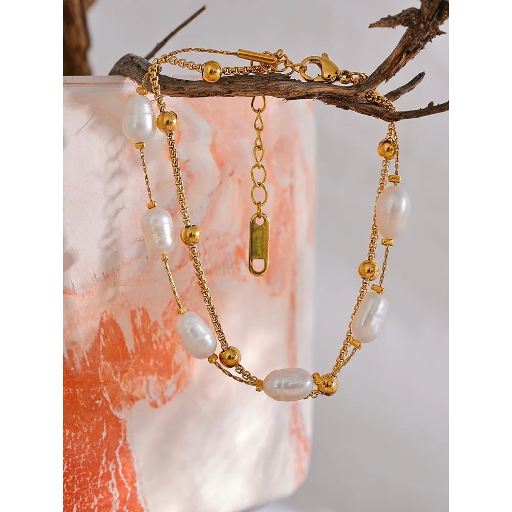 Bracciale doppio strato con perle naturali e ciondoli – Acciaio inox impermeabile
