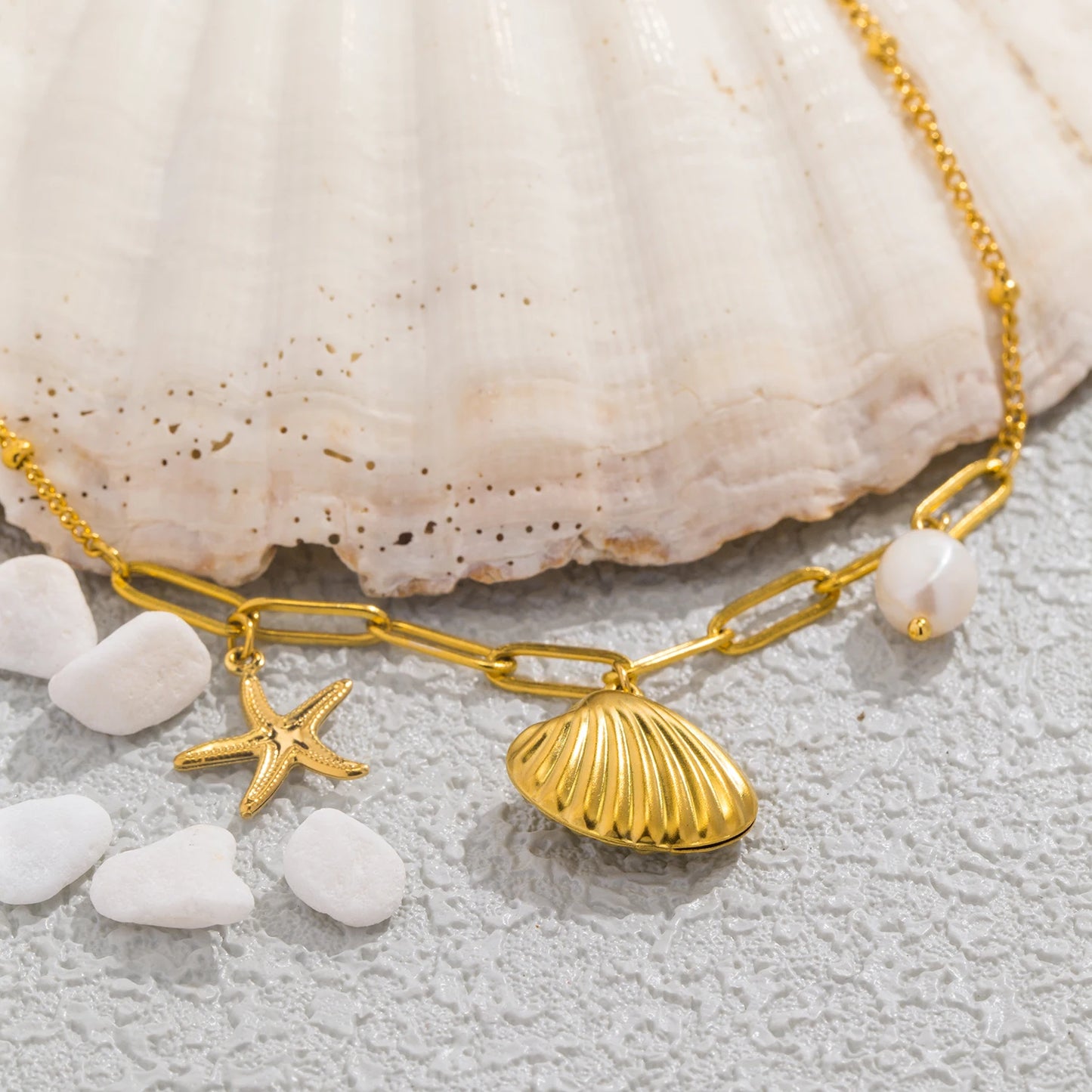 Set Collana e Bracciale Stella Marina con Perle e Conchiglia – Gioielli Estivi Waterproof