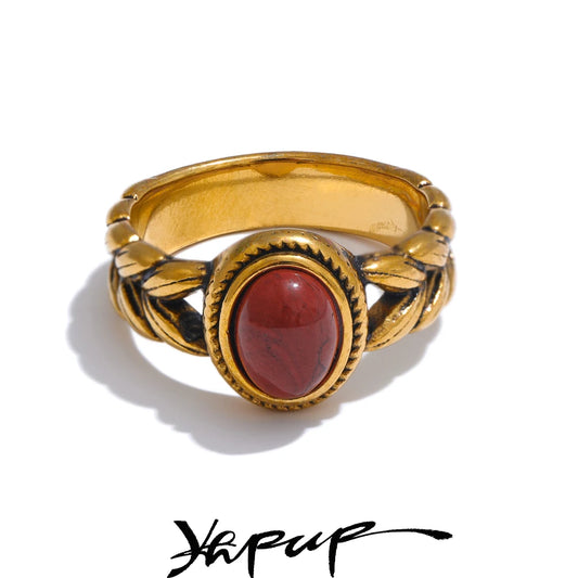 Yhpup Anello retrò in acciaio inossidabile color oro rosso che sbava anello in pietra naturale nera placcato PVD 18 carati gioielli da dito vintage antiruggine