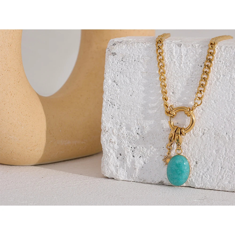 Collana con Pendente in Pietra Naturale Blu – Acciaio Inossidabile Oro