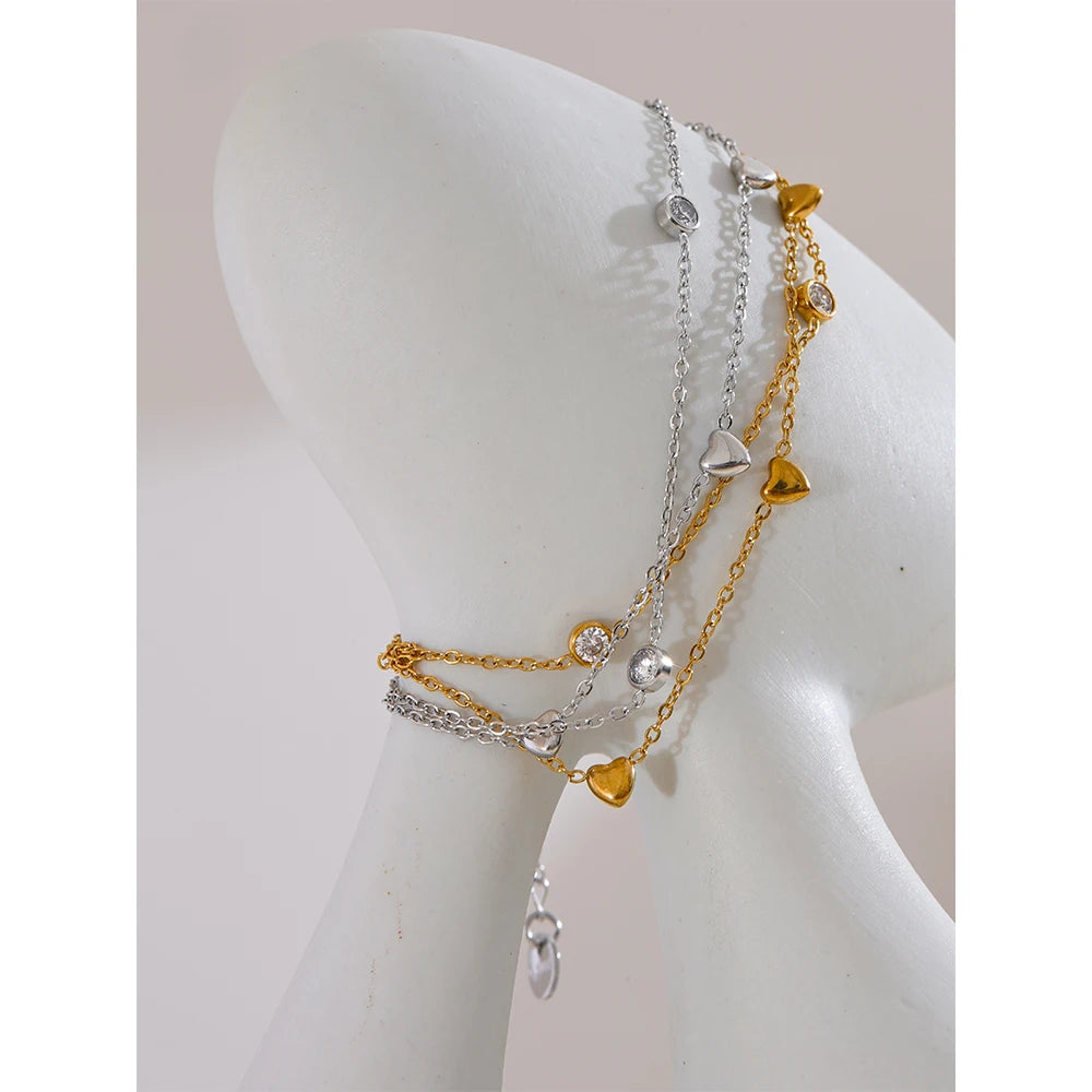 Bracciale Doppio Strato con Cuori e Zirconi – Acciaio Inossidabile Oro o Argento