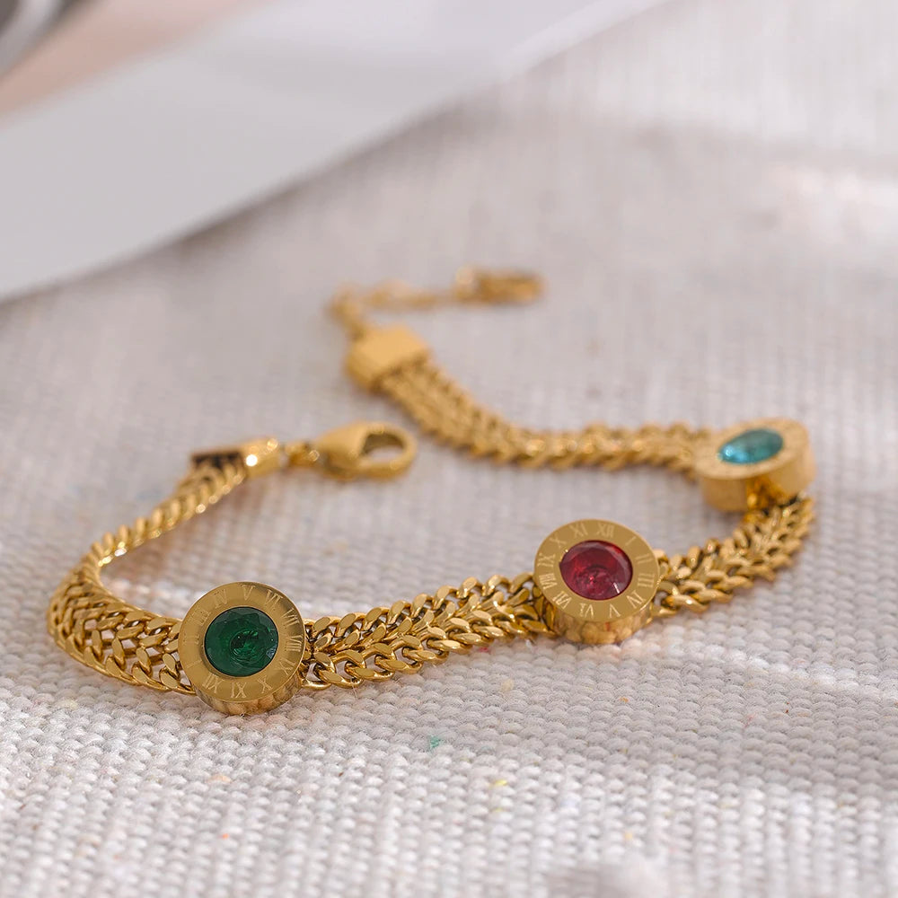 Bracciale Catena Cubana con Zirconi Colorati – Acciaio Inossidabile Placcato Oro 18K