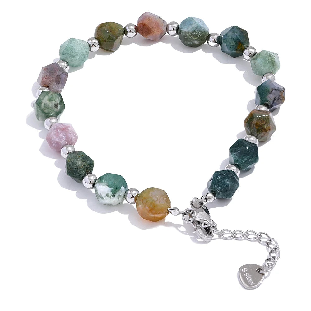 Bracciale in Agata Indiana con Perline in Acciaio Inossidabile