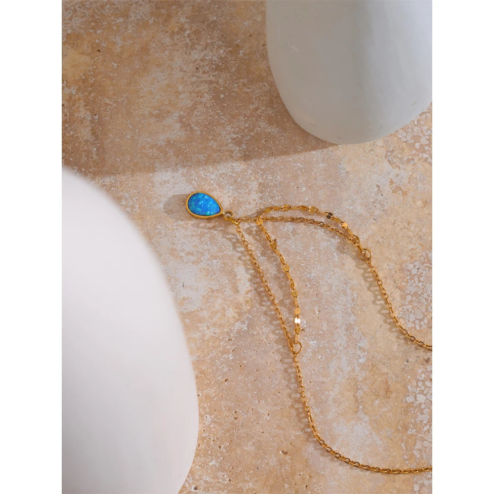 Collana a doppio strato con ciondolo a goccia Opale Blu – Acciaio Inossidabile Oro