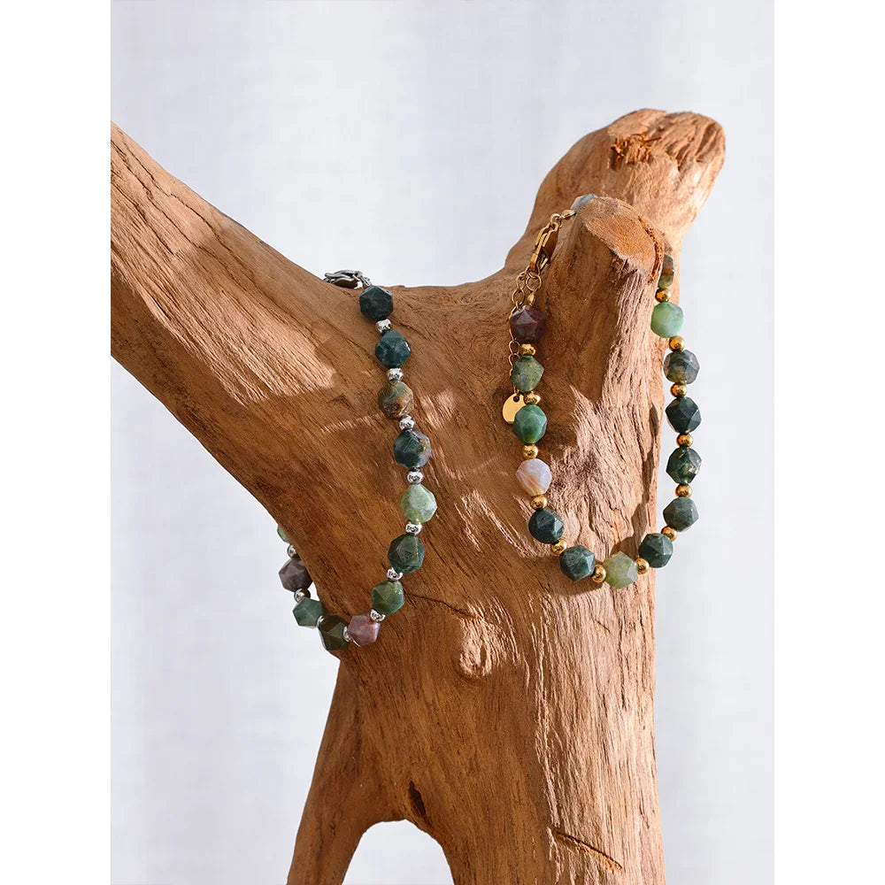 Bracciale in Agata Indiana con Perline in Acciaio Inossidabile
