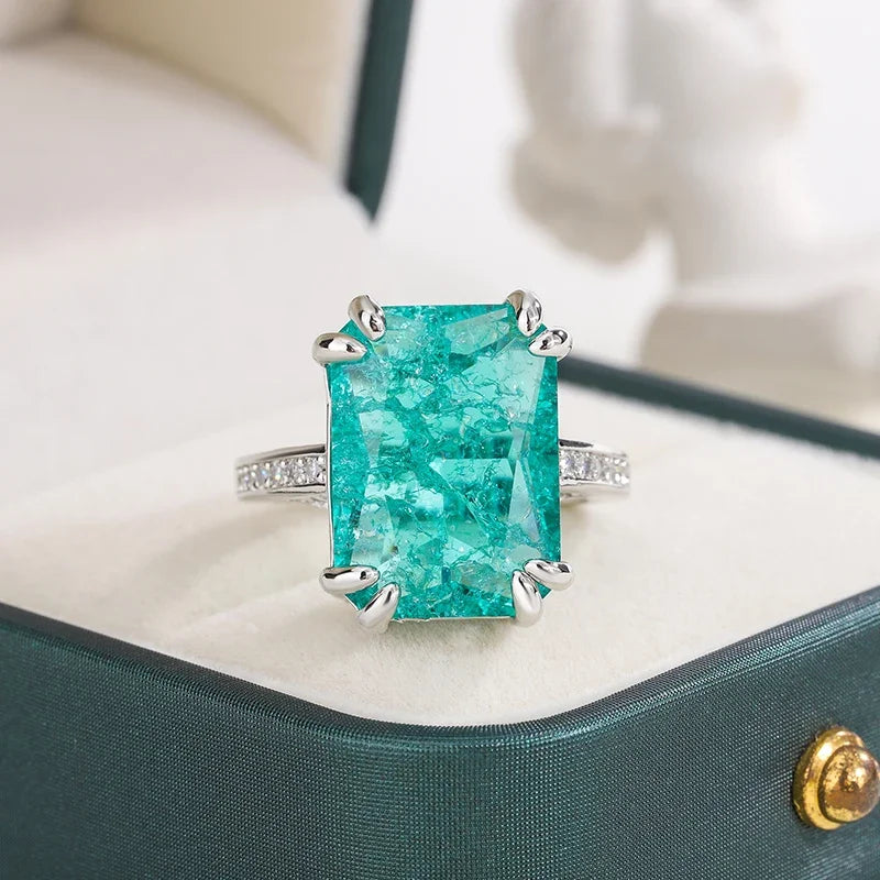 Anello con Moissanite Verde Blu Rettangolare