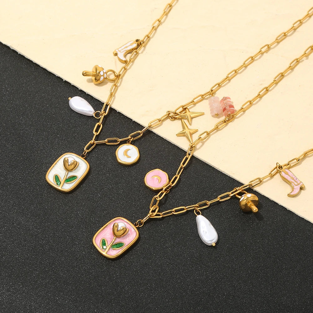Collana Tulipano Smaltato – 2 varianti rosa o bianco – Acciaio dorato impermeabile