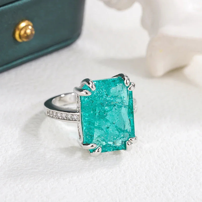 Anello con Moissanite Verde Blu Rettangolare