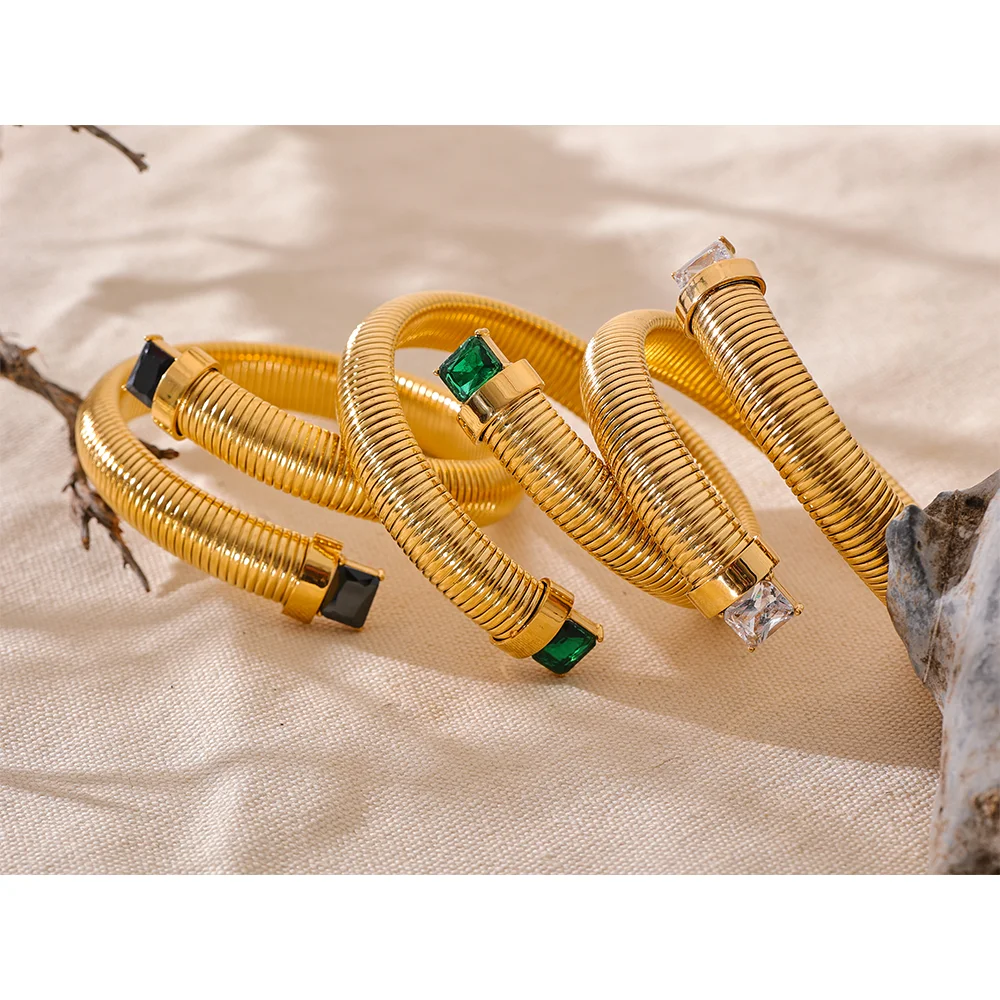 Bracciale Rigido Dorato con Zirconi – Acciaio Inossidabile con Cristalli Bianchi, Verdi o Neri