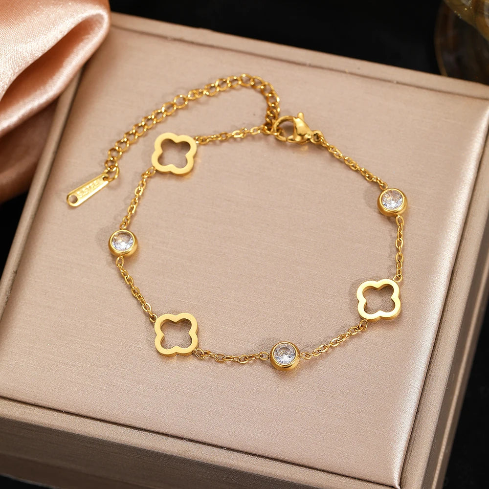 Bracciale “Quadrifoglio di Cristallo” – Acciaio inossidabile con zirconi scintillanti