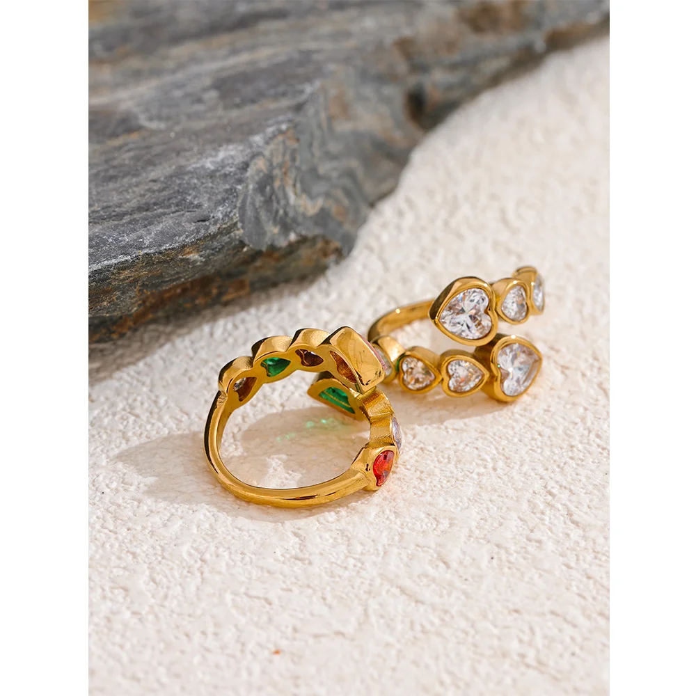 Anello Regolabile Cuori in Zirconia – Acciaio Inossidabile Oro