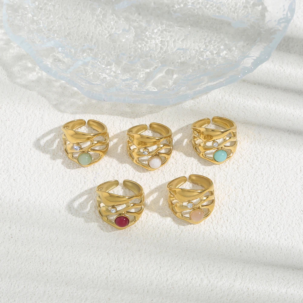 Anello Regolabile con Pietra Naturale – Acciaio Inossidabile Oro