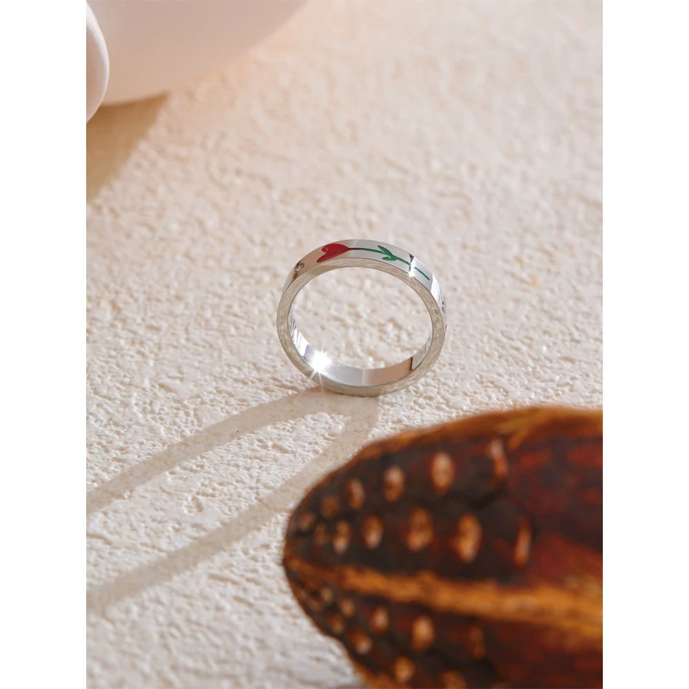 Anello in Acciaio Inossidabile con Fiore Smaltato e Zircone