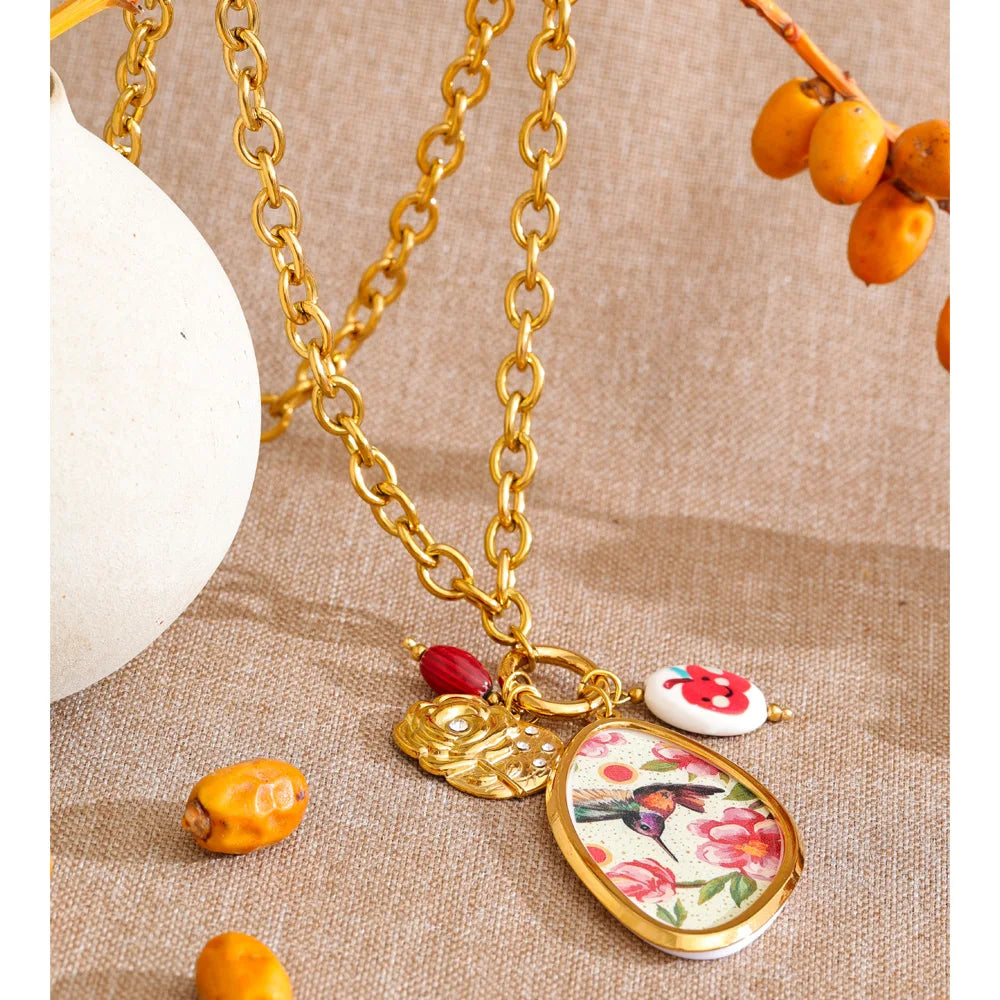 Collana Fiore Vintage con Ciondolo Smaltato – Acciaio Inossidabile