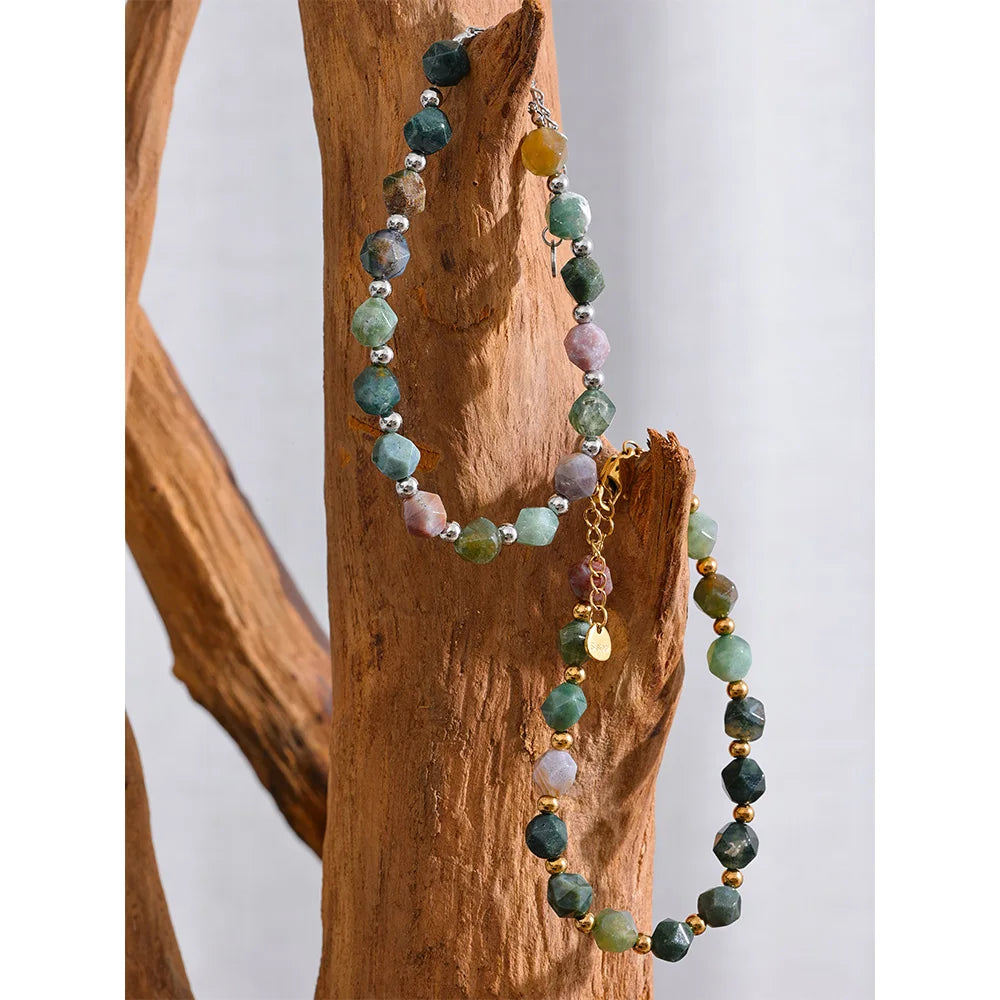 Bracciale in Agata Indiana con Perline in Acciaio Inossidabile