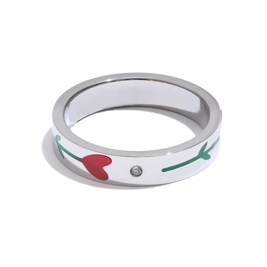 Anello in Acciaio Inossidabile con Fiore Smaltato e Zircone
