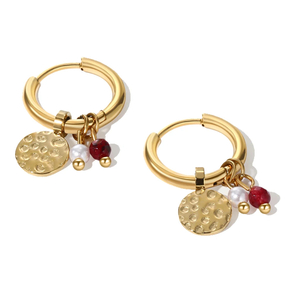 Orecchini a Cerchio Placcati Oro 18K – Acciaio Inossidabile con Ciondolo in Pietra Naturale