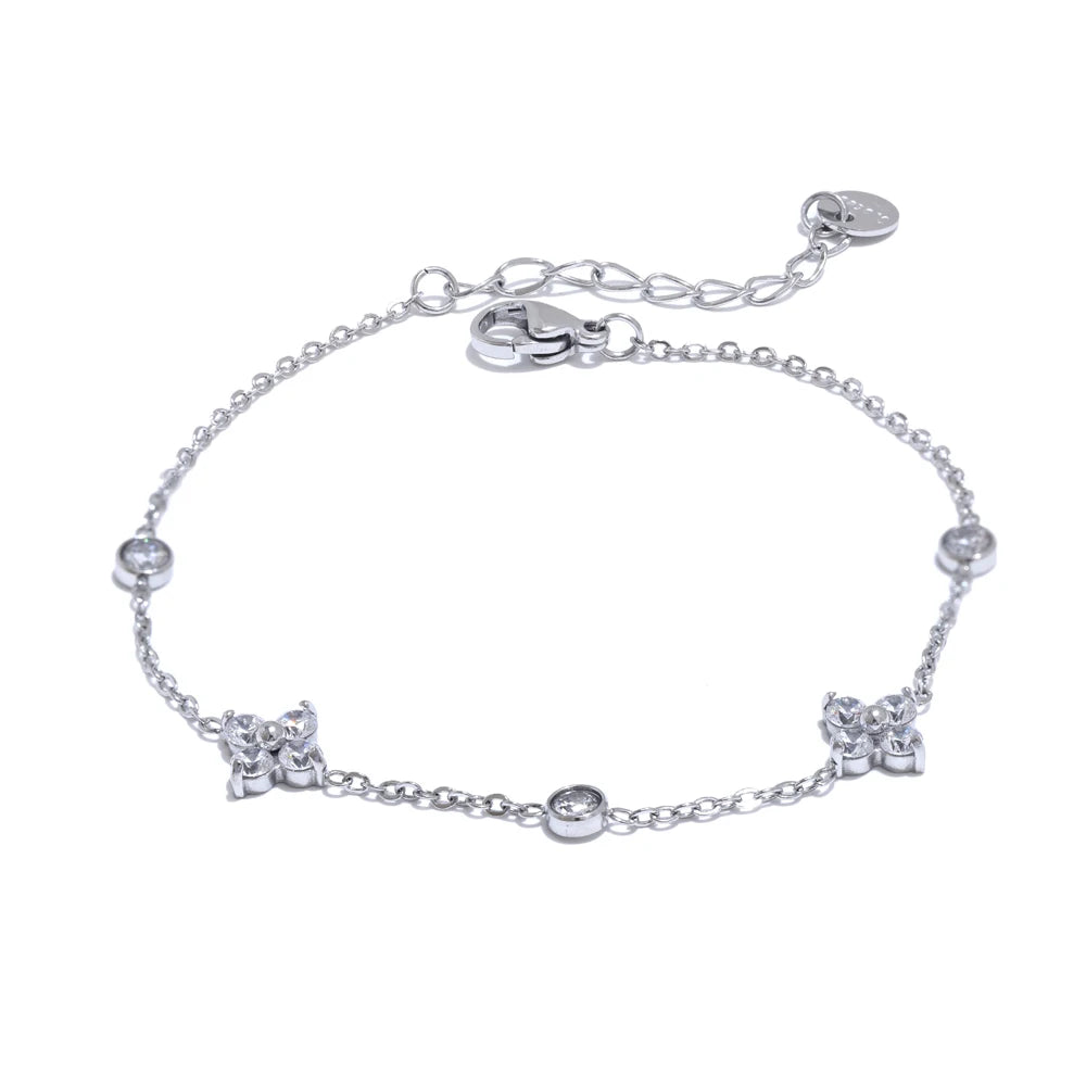 Bracciale floreale con zirconi | Catena sottile in acciaio inox oro o argento