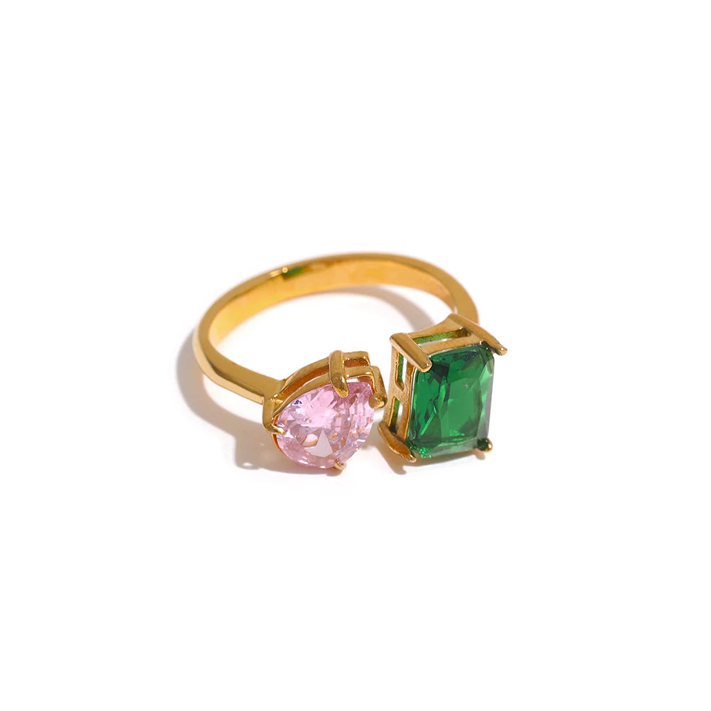 Anello Duo Gemme Colorate – Eleganza Brillante in Acciaio Inossidabile Oro