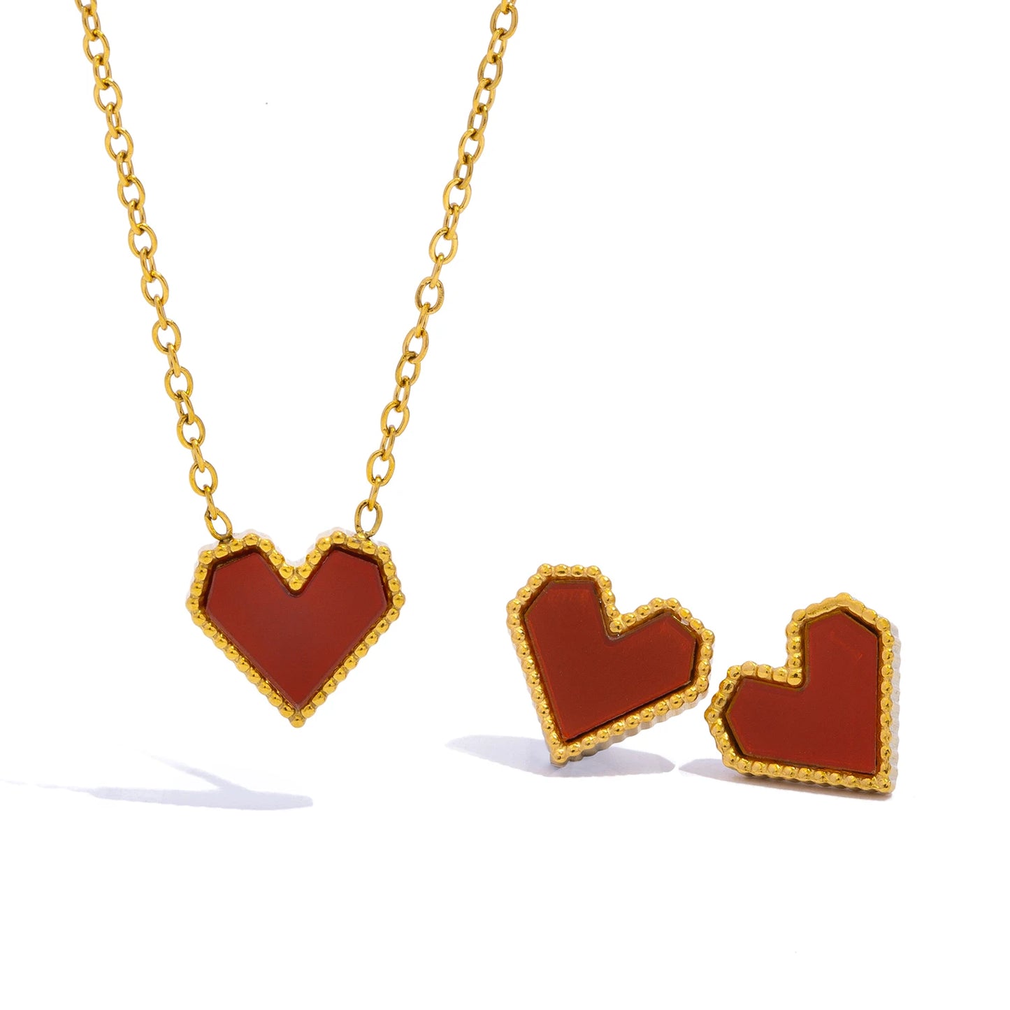 Set minimalista collana e orecchini a cuore rosso