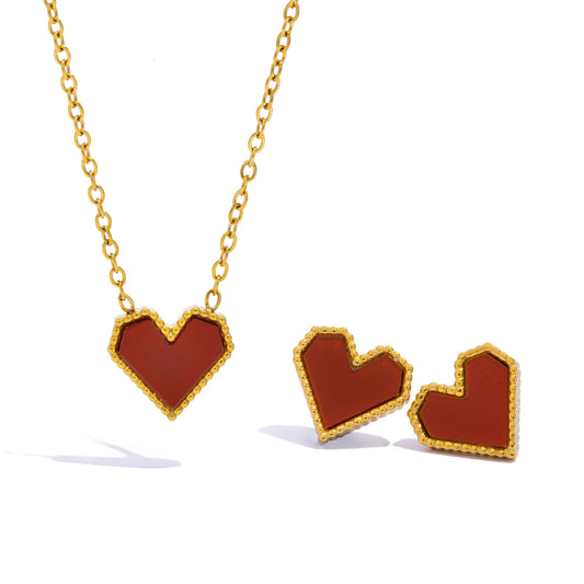Set minimalista collana e orecchini a cuore rosso