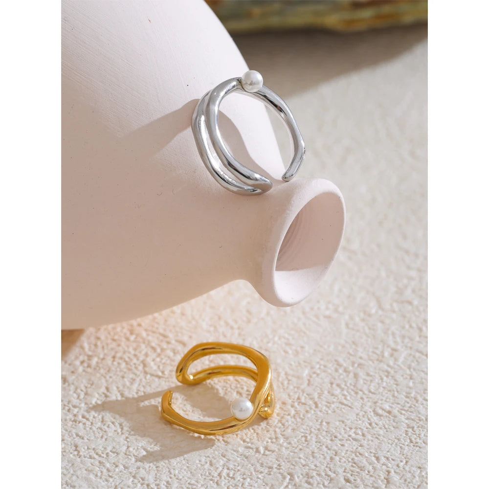 Anello aperto geometrico con perla – Acciaio inossidabile elegante donna
