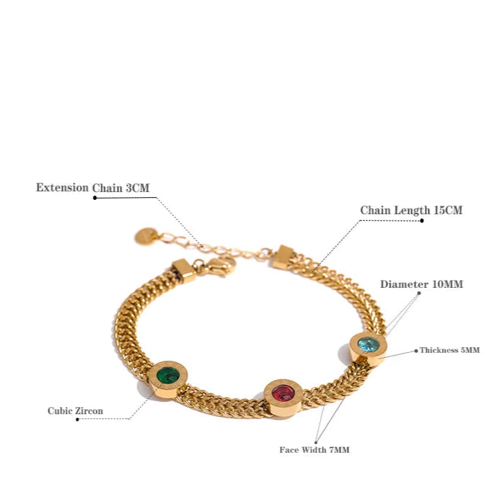 Bracciale Catena Cubana con Zirconi Colorati – Acciaio Inossidabile Placcato Oro 18K