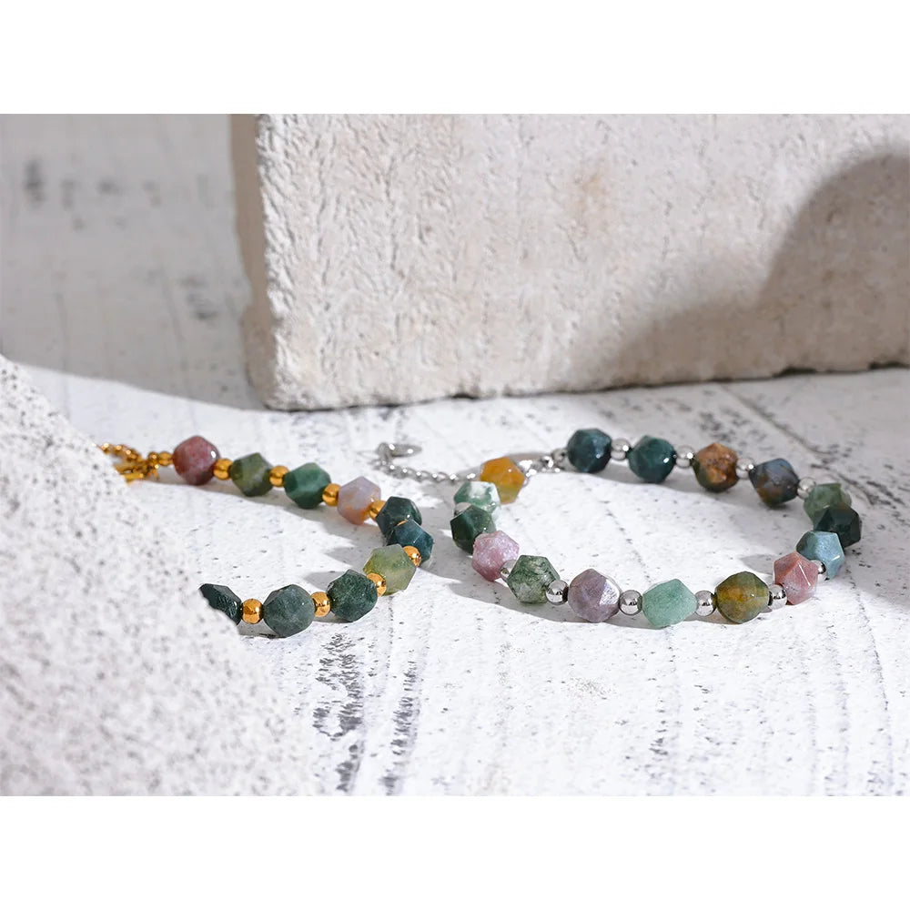 Bracciale in Agata Indiana con Perline in Acciaio Inossidabile