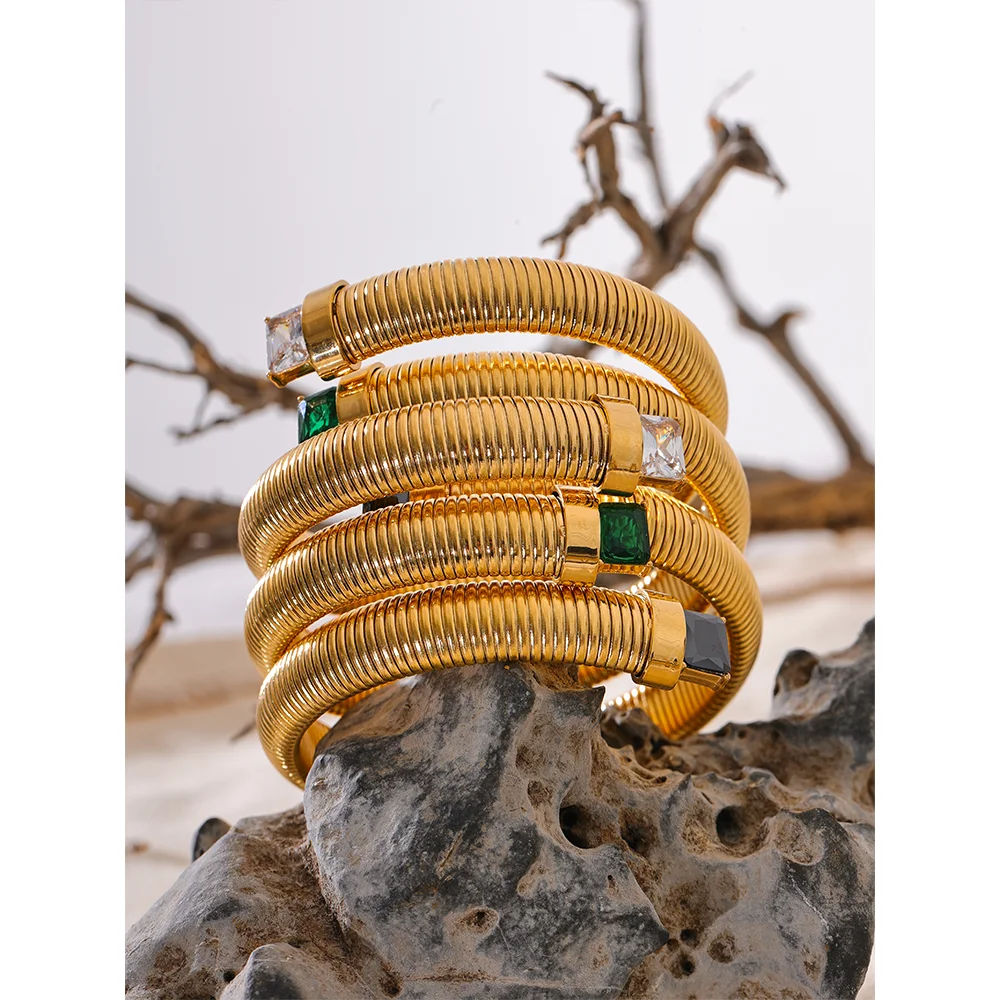 Bracciale Rigido Dorato con Zirconi – Acciaio Inossidabile con Cristalli Bianchi, Verdi o Neri