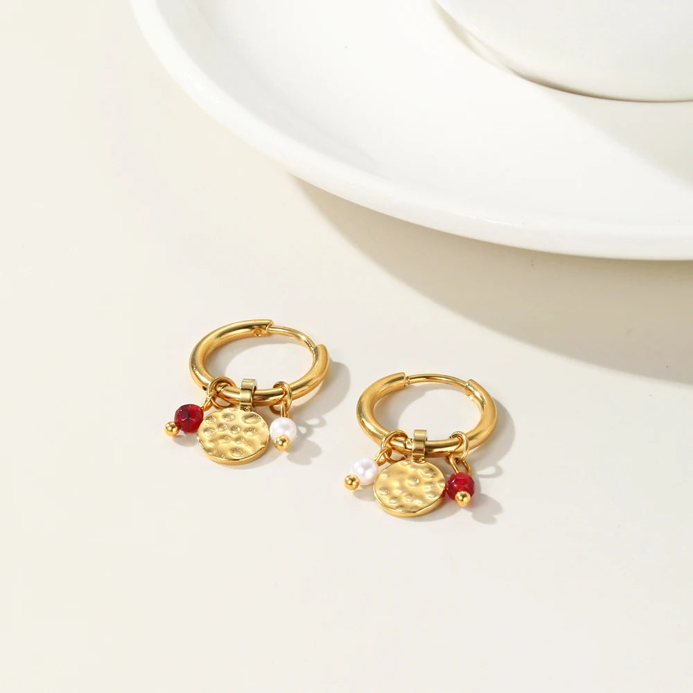 Orecchini a Cerchio Placcati Oro 18K – Acciaio Inossidabile con Ciondolo in Pietra Naturale