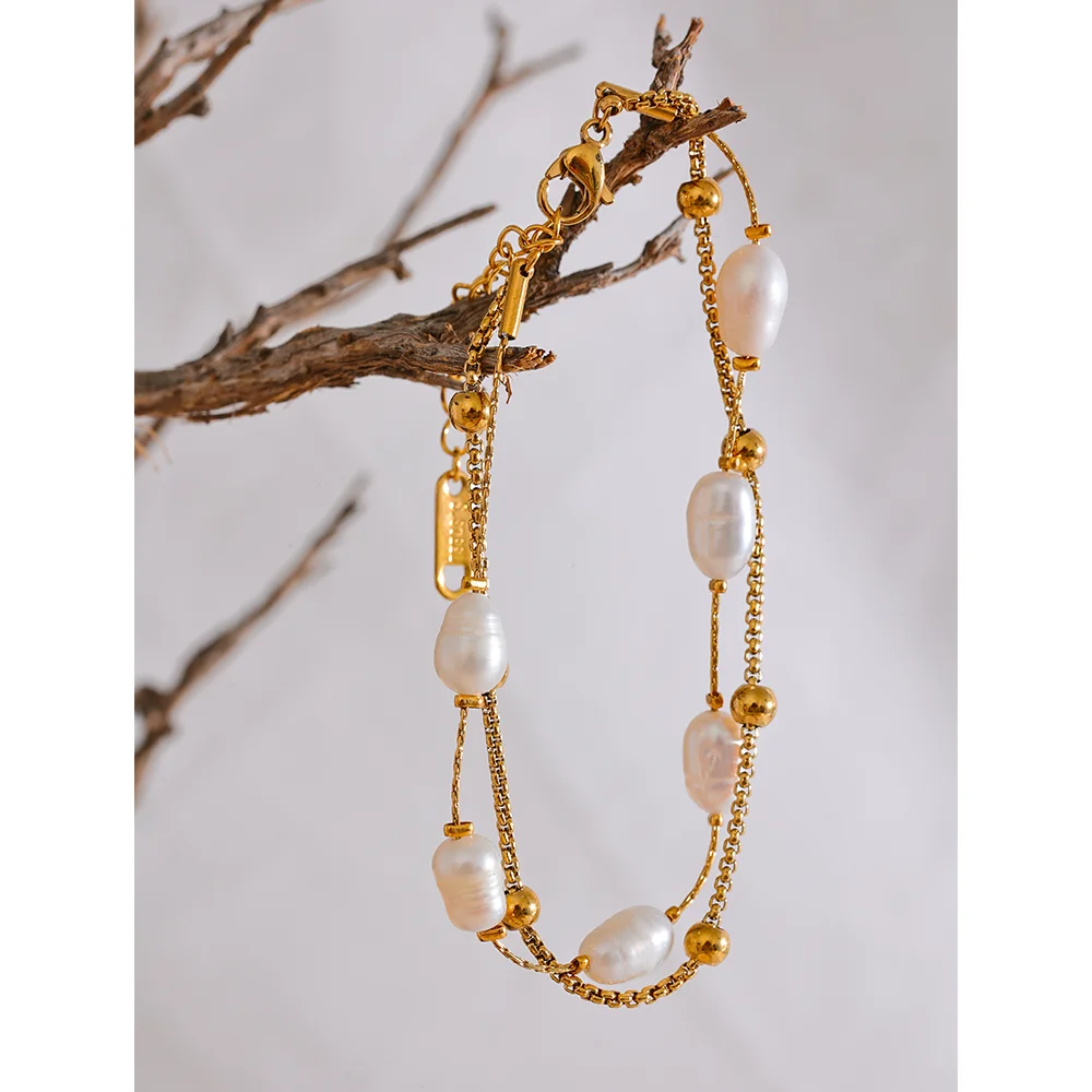 Bracciale doppio strato con perle naturali e ciondoli – Acciaio inox impermeabile