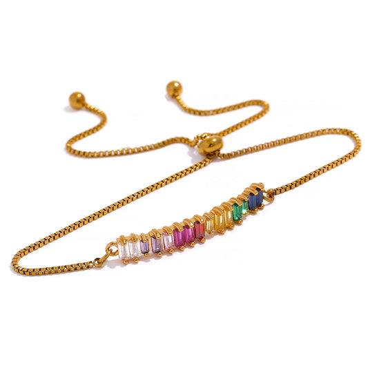 Bracciale Arcobaleno Regolabile – Acciaio Inossidabile Placcato Oro 18K con Zirconi Colorati