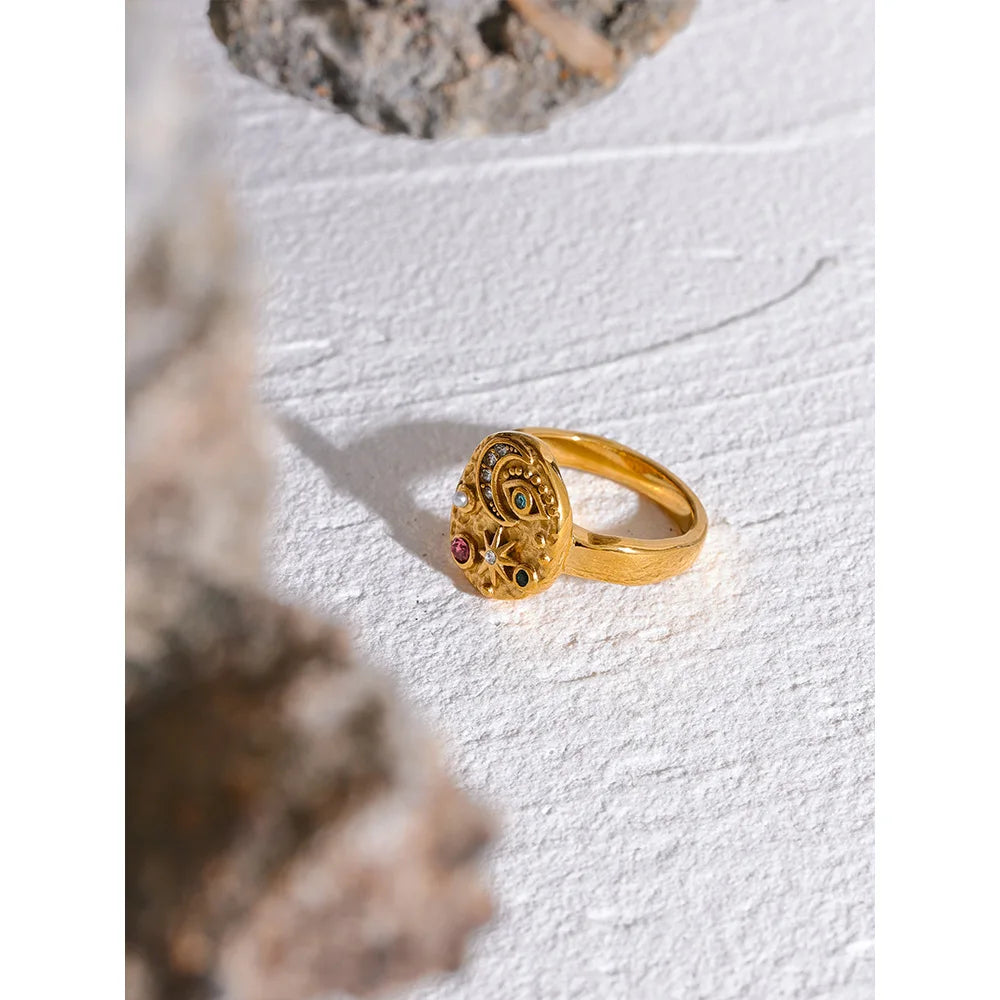 Anello con charm Stella, Luna e Occhio – Zirconi colorati in acciaio inox