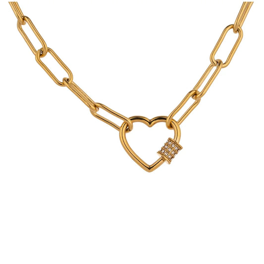 Collana a Catena con Cuore Romantico e Zirconi – Acciaio Inossidabile Oro 14K