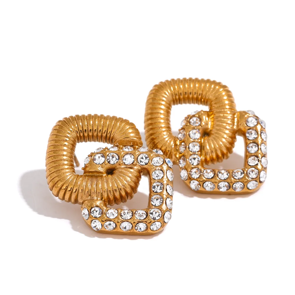 Orecchini Geometrici Vintage Quadrati – Zirconi o Perle, Acciaio Inossidabile Dorato