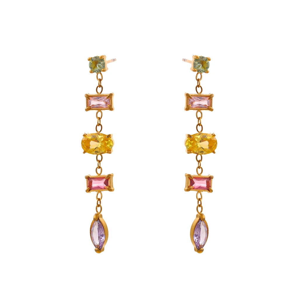 Orecchini “Arcobaleno Dorato” – Pendenti eleganti con zirconi colorati