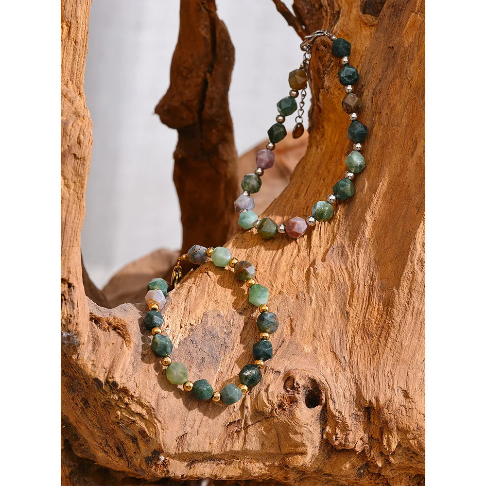 Bracciale in Agata Indiana con Perline in Acciaio Inossidabile