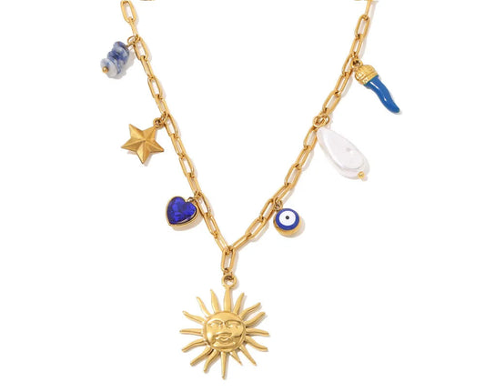 Collana Amuleto con Sole e Charm Colorati – Acciaio Inossidabile Dorato con Ciondolo Peperoncino (Giallo o Blu)