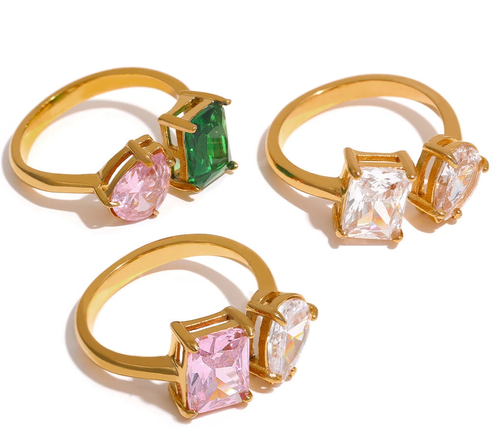 Anello Duo Gemme Colorate – Eleganza Brillante in Acciaio Inossidabile Oro