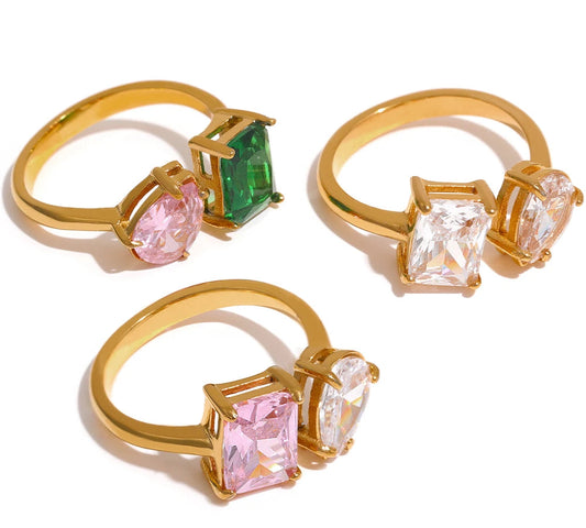 Anello Duo Gemme Colorate – Eleganza Brillante in Acciaio Inossidabile Oro