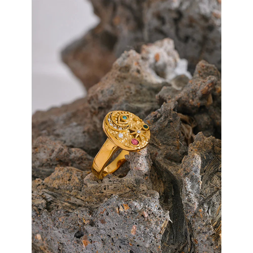 Anello con charm Stella, Luna e Occhio – Zirconi colorati in acciaio inox