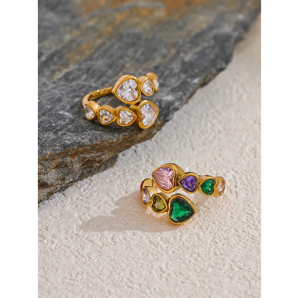 Anello Regolabile Cuori in Zirconia – Acciaio Inossidabile Oro