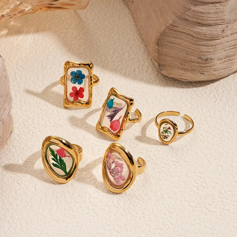 Anello regolabile in acciaio inossidabile con motivo floreale geometrico – Stile retrò