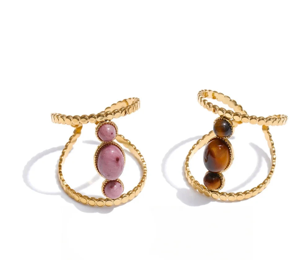 Anello “Stone Balance” – Pietra Naturale & Acciaio Dorato