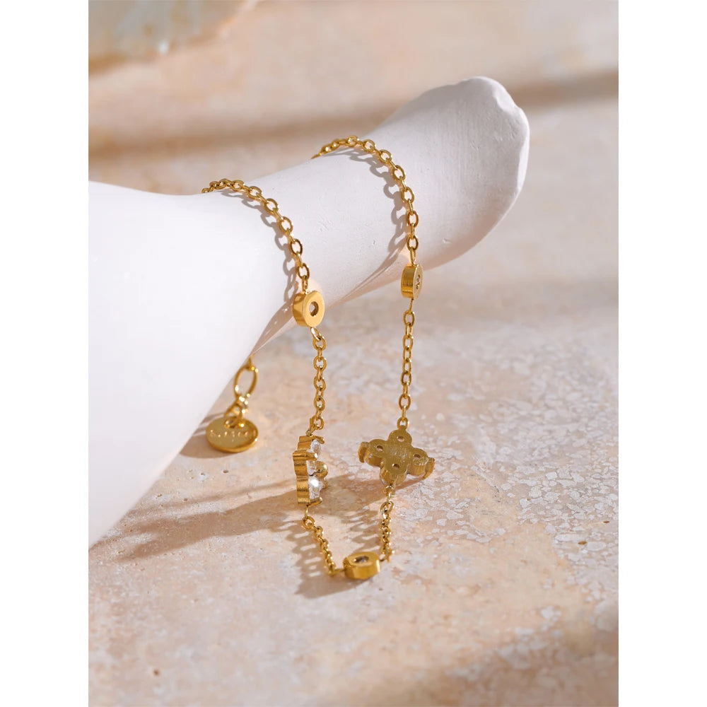 Bracciale floreale con zirconi | Catena sottile in acciaio inox oro o argento