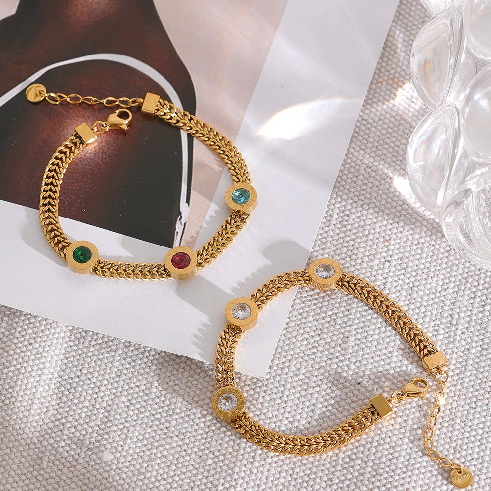 Bracciale Catena Cubana con Zirconi Colorati – Acciaio Inossidabile Placcato Oro 18K
