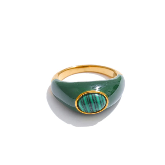 Anello con Smalto Verde e Bianco – Conchiglia di Malachite Naturale