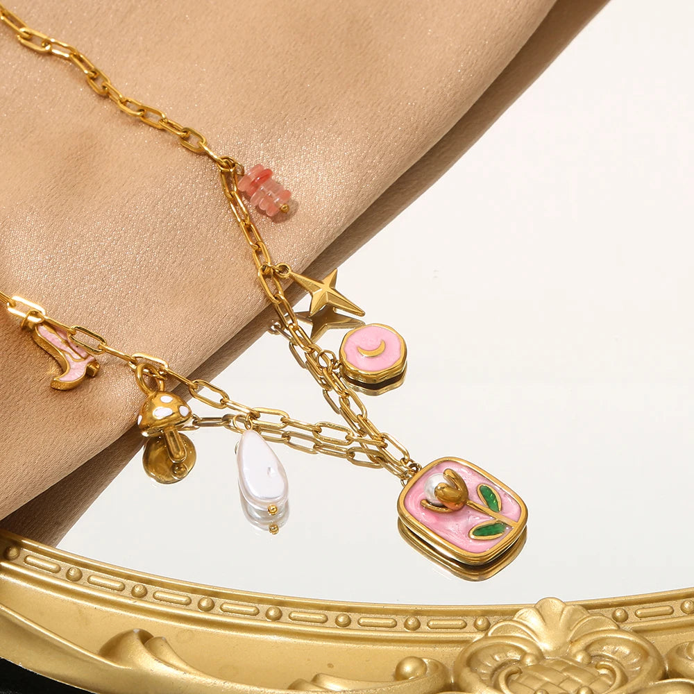 Collana Tulipano Smaltato – 2 varianti rosa o bianco – Acciaio dorato impermeabile
